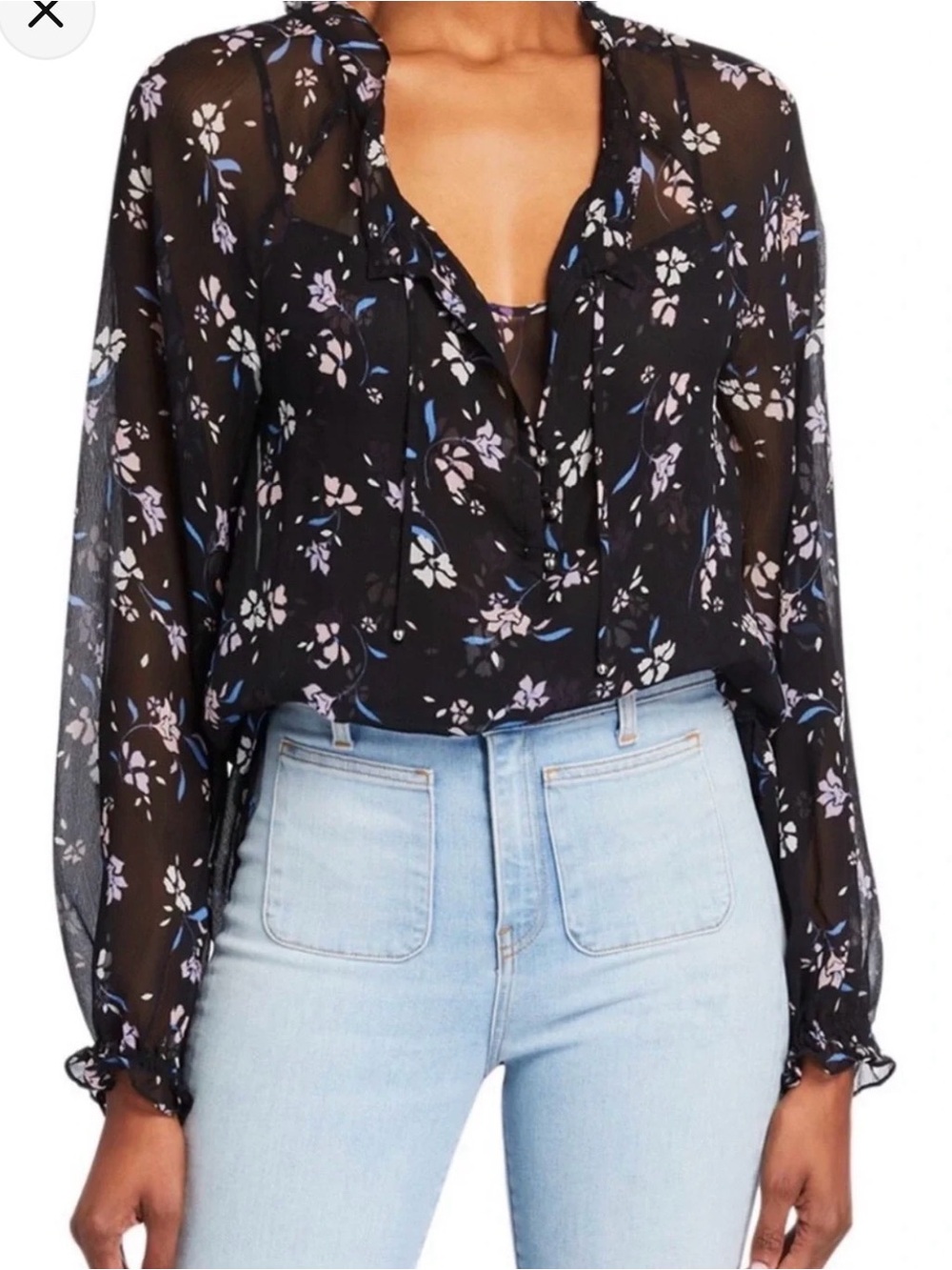 Veronica Beard Black Sheer Floral Tie-Neck Blouse